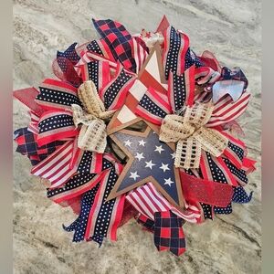 New! Patriotic 15 Inch Star Bows Hanging Sign Fourth of July Decor Wreath Gift